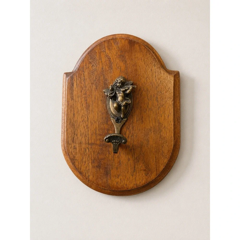 Vintage Brass Cherub Wall Hook Plaque Violin Angel Key Hanger Hollywood Regency